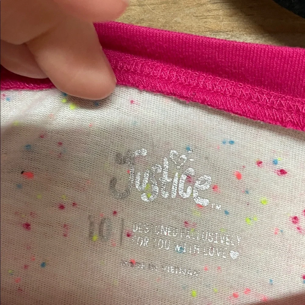 Justice size 10 Pink Sleeves with White Multi-color Speckled Soft Reagan T-shirt